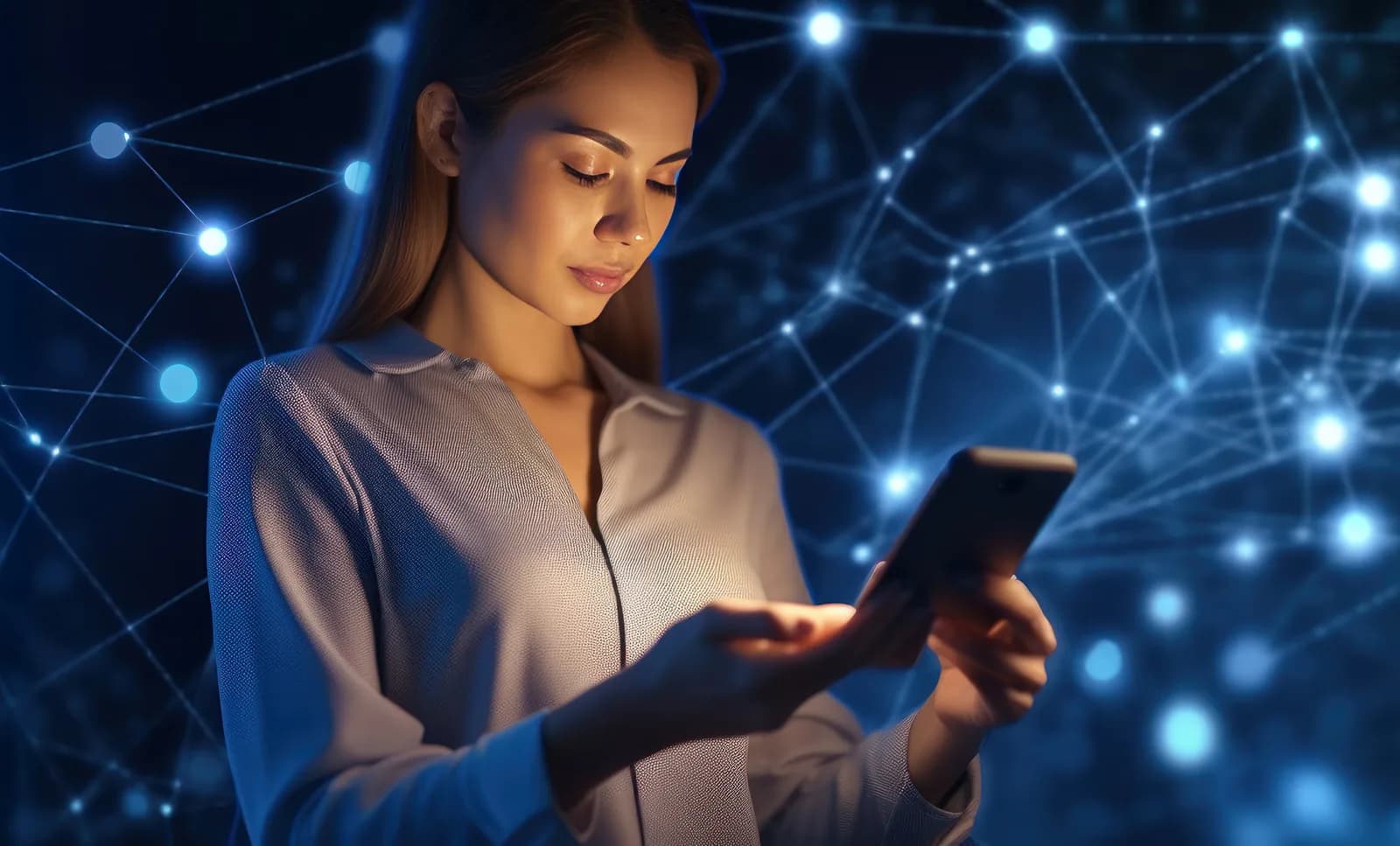 Mulher jovem usando um smartphone diante de um fundo azul com conexões digitais.