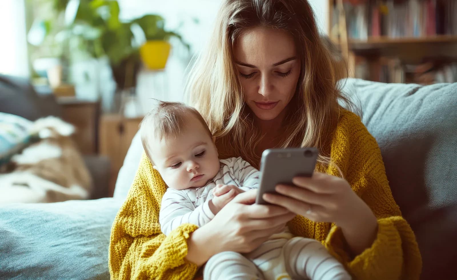 Mãe com bebê no colo olhando para o celular em casa.