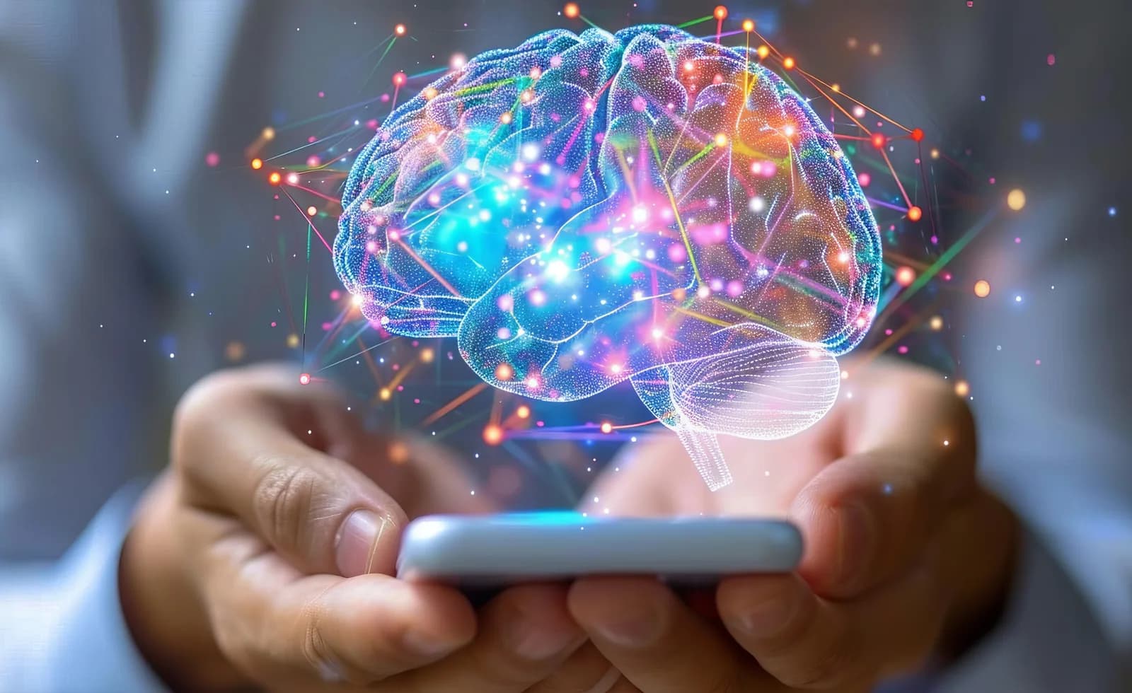 Smartphone nas mãos com uma ilustração luminosa de cérebro digital.