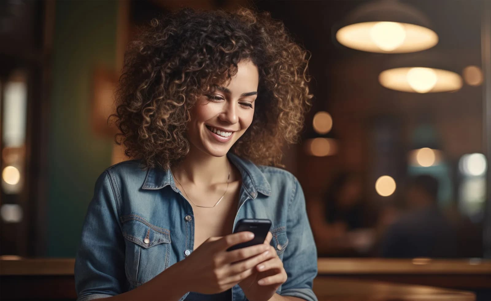 Mulher sorrindo enquanto usa um smartphone em ambiente acolhedor.