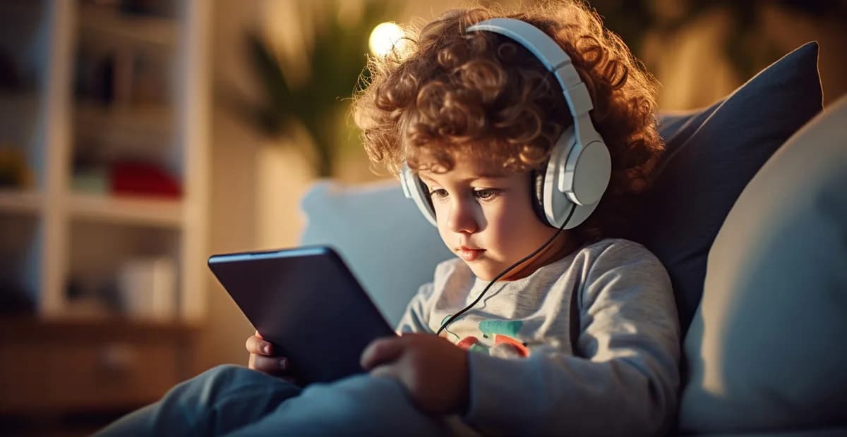 Criança usando tablet e fones de ouvido.